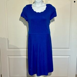 Talbots Fit & Flare Dress Short Sleeve Round Neck Scalloped Edge Blue Large